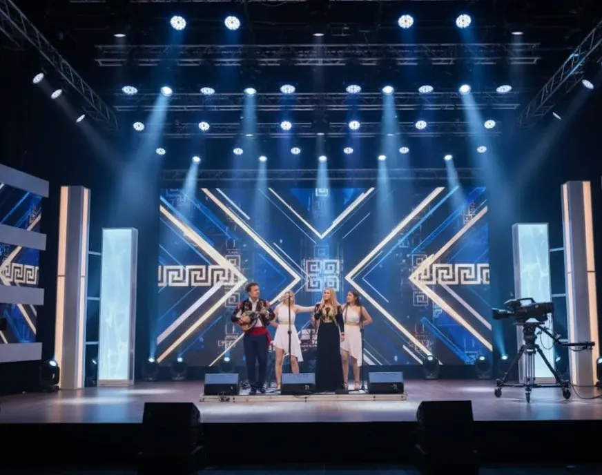 Mythos on stage with Greek meander backdrop